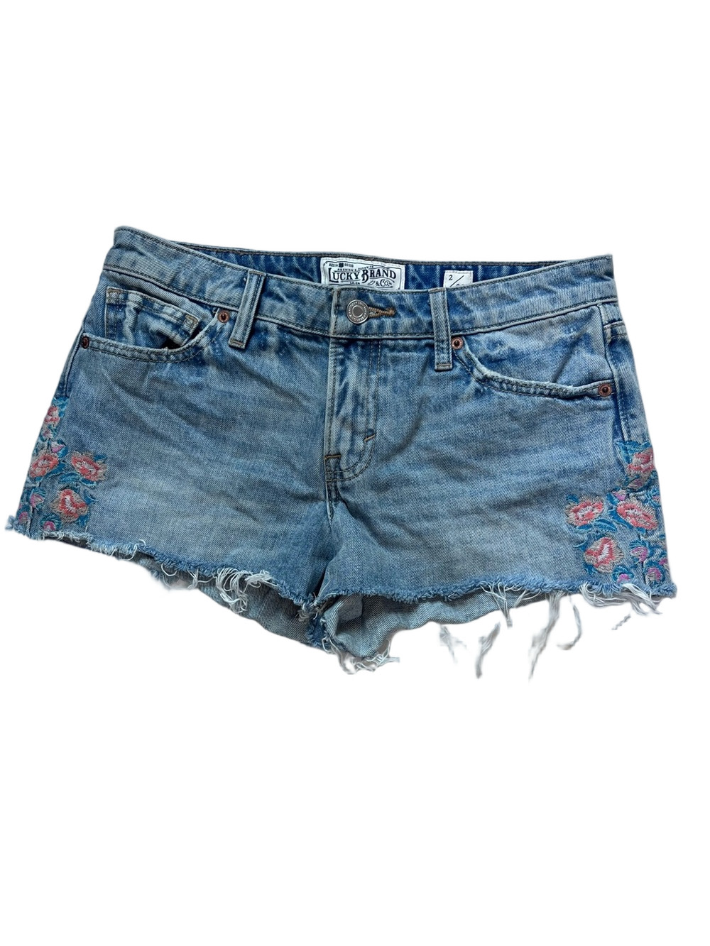 Lucky Brand Denim Cutoff Shorts Frayed Hem Floral Embroidery Women's Size 2